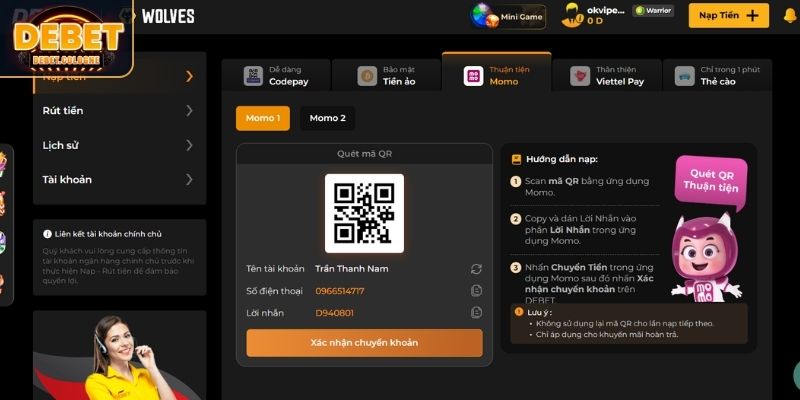 Nạp tiền DEBET ví Momo