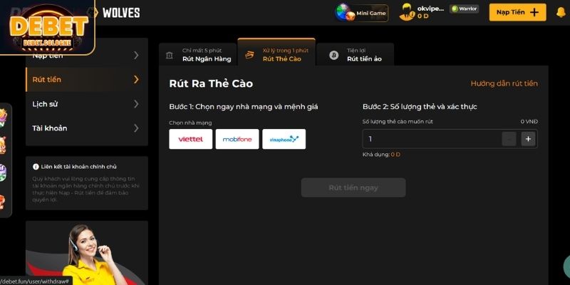 Rút tiền DEBET qua thẻ di động